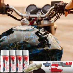Motorcycle sunset with Blue Creeper Skulls hydro dip gas tank. Hydro dip kit