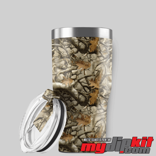 Aluminum YETI tumbler with open lid covered in Boneyard buck antler camo pattern through hydro dip.