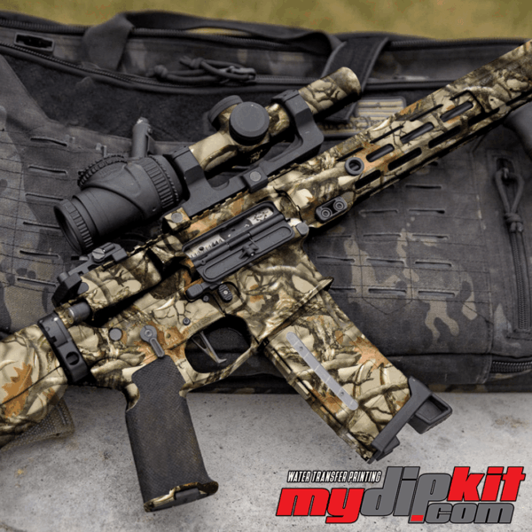 Firearm covered in Boneyard buck antler camo pattern through hydro dip.