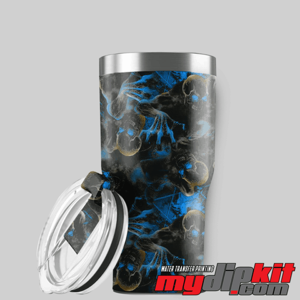 Aluminum YETI tumbler with open lid covered in Blue Creeper Skulls pattern through hydro dip.