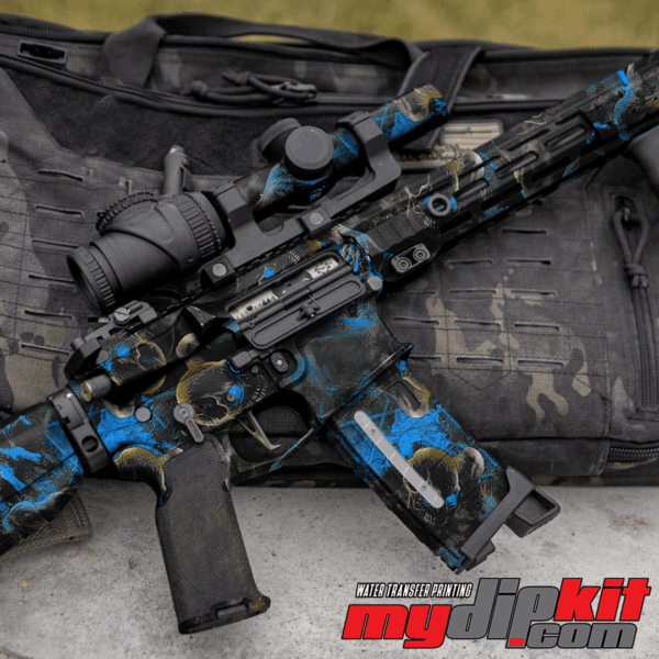 Firearm covered in Blue Creeper Skulls pattern through hydro dip.