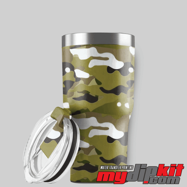 Aluminum YETI tumbler with open lid covered in "Multi Cam" army camo through hydro dip.