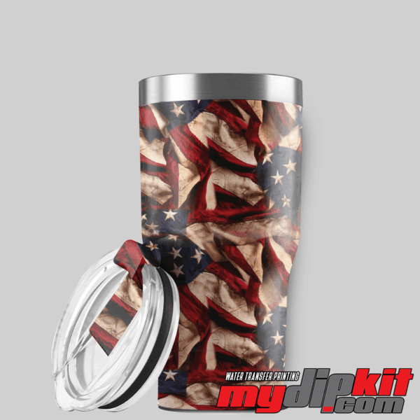 Aluminum YETI tumbler with open lid covered in American Flag pattern through hydro dip.