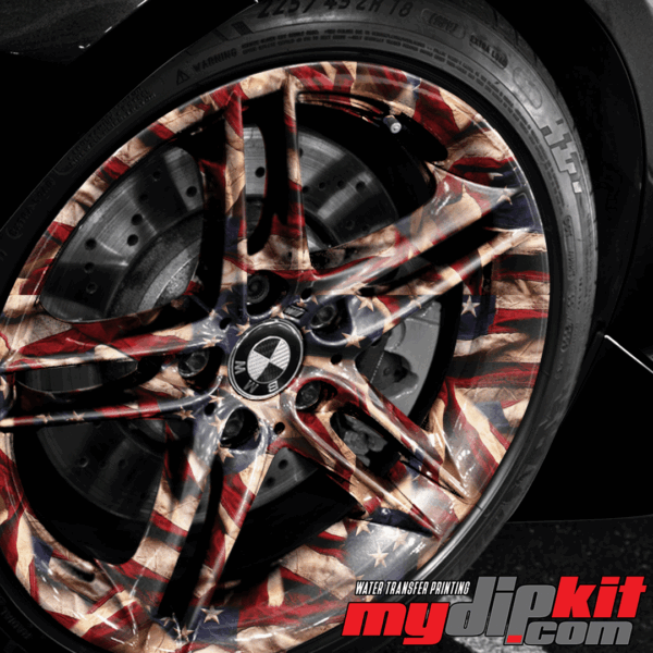 BMW Wheel covered in American Flag pattern through hydro dip