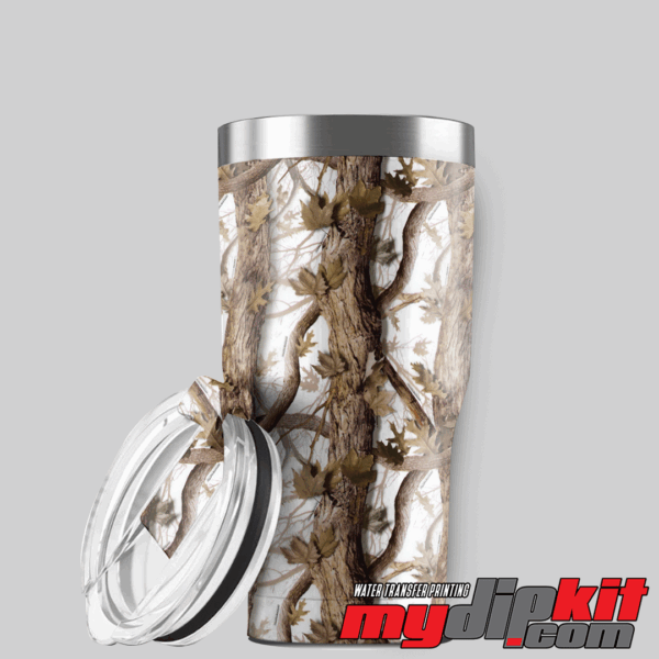 Aluminum YETI tumbler with open lid covered in "Hunting Attractions Snowblind" snow hunting camo through hydro dip.