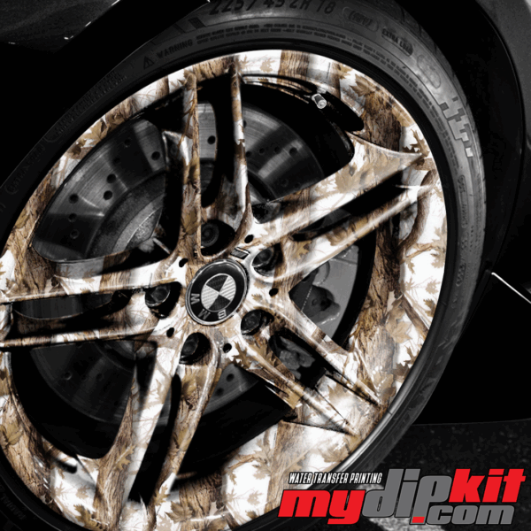 BMW Wheel covered in Hunting Attractions Snowblind snowy hunting camo through hydro dip