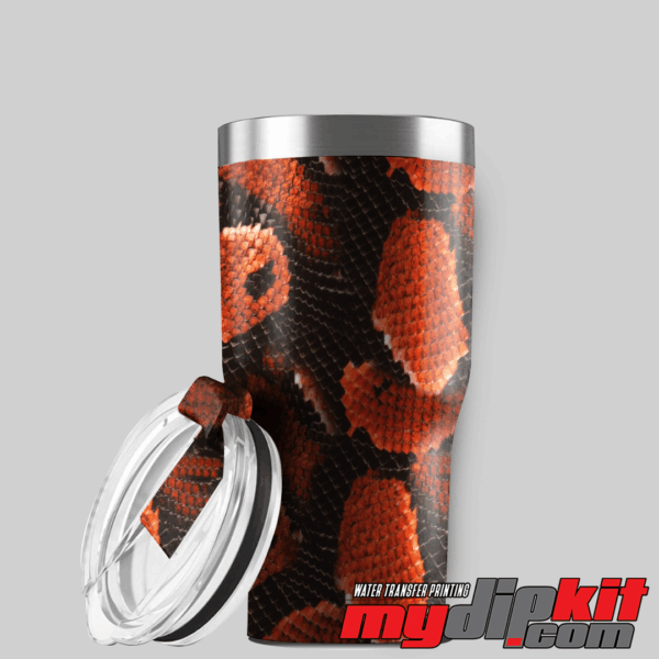 Aluminum YETI tumbler with open lid covered in red cobra skin pattern through hydro dip.
