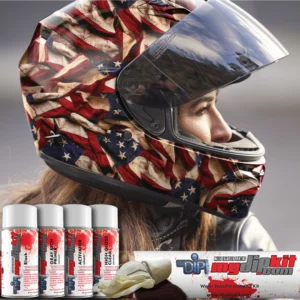DIY American Flag hydro dip kit that includes scotchbrite, plastic sleeves, gloves, a mask, primer, paint, activator, clear coat, and hydrographic film