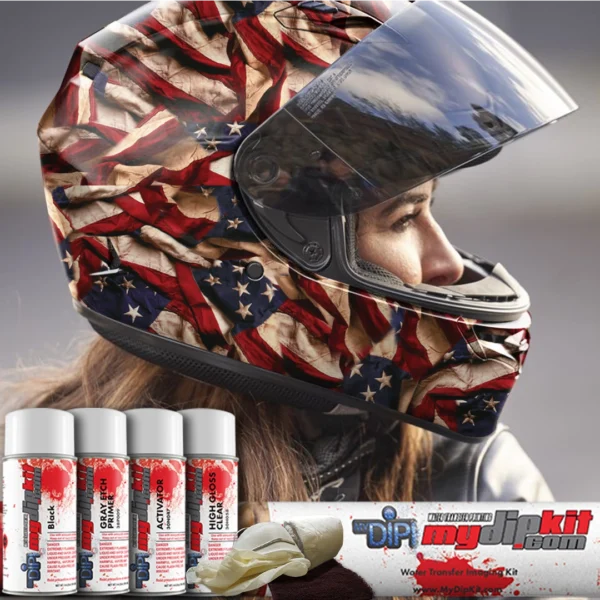 DIY American Flag hydro dip kit that includes scotchbrite, plastic sleeves, gloves, a mask, primer, paint, activator, clear coat, and hydrographic film